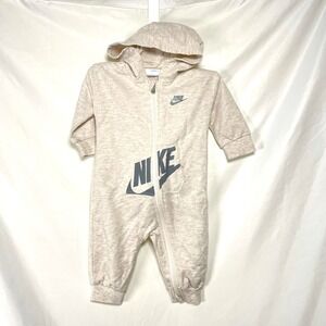 Nike Baby Boys 6M One Piece Hooded Outfit Bodysuit Tan Zipper Gray Logo Sport.